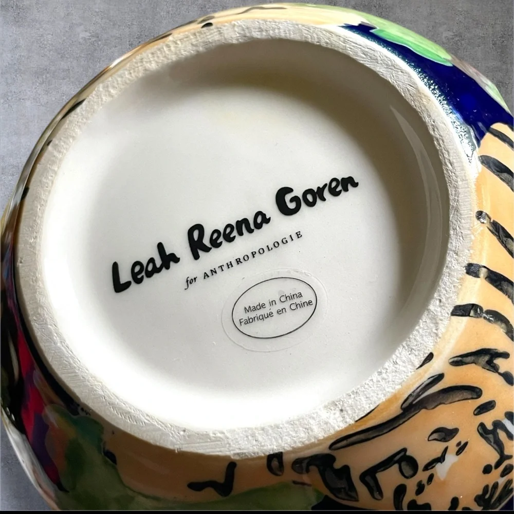 Anthropologie Leah Reena Goren Blue Tiger Cheetah Cat Flora Fauna Ceramic Vase